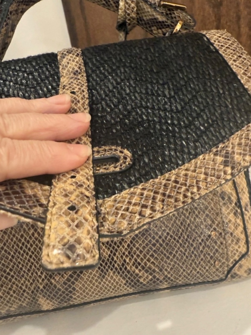 Tory Burch Black Woven and Snake-Print Brown Top Handle Shoulder Bag - Picture 9 of 16